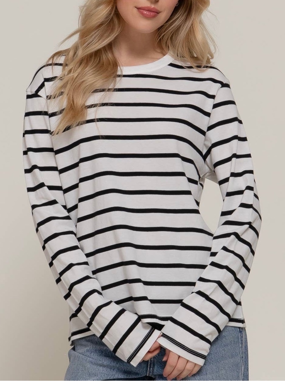 Active Basic Striped Long-Sleeve Crewneck Top - Black/White